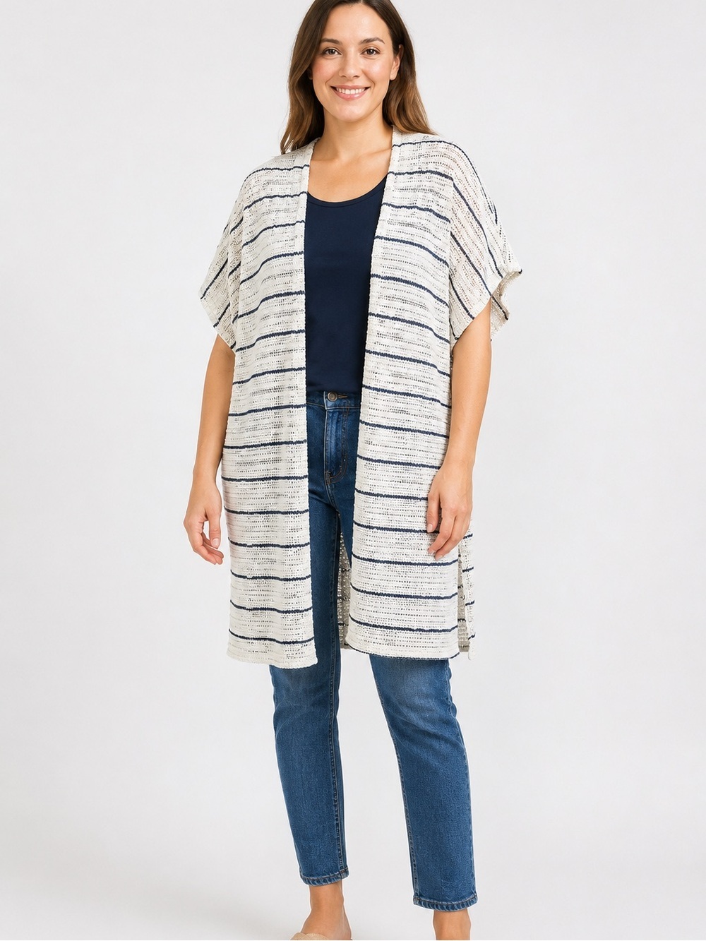 Lane Bryant Longline White Pink Blue Open Front Cardigan Kimono Size 14/16